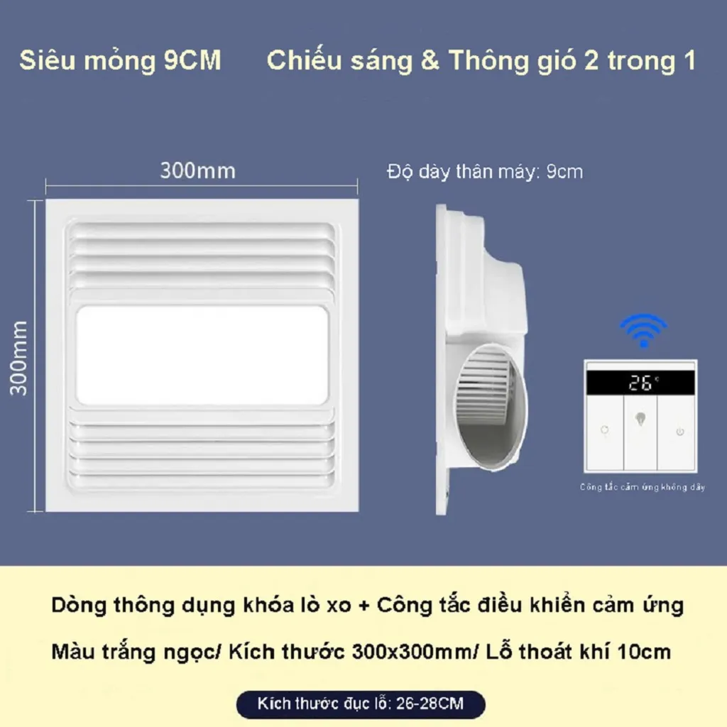 Quạt hút mùi âm trần 300x300mm công tắc phím đàn thiết kế nhỏ gọn tiết kiệm diện tích