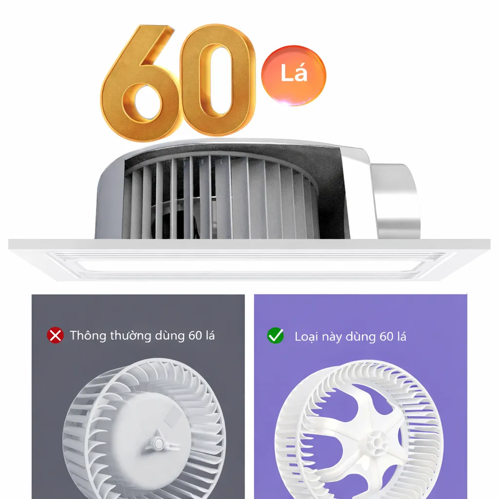 Quạt hút mùi âm trần cánh quạt 60 lá tăng hiệu suất thông gió vượt trội so với loại thông thường