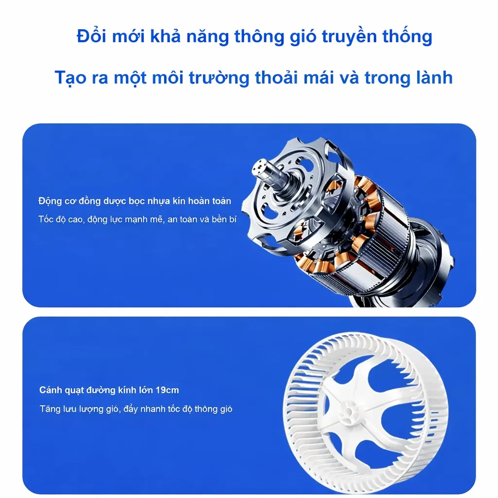 Quạt hút mùi âm trần sử dụng động cơ đồng nguyên chất và cánh quạt đường kính 19cm cho hiệu suất thông gió mạnh mẽ