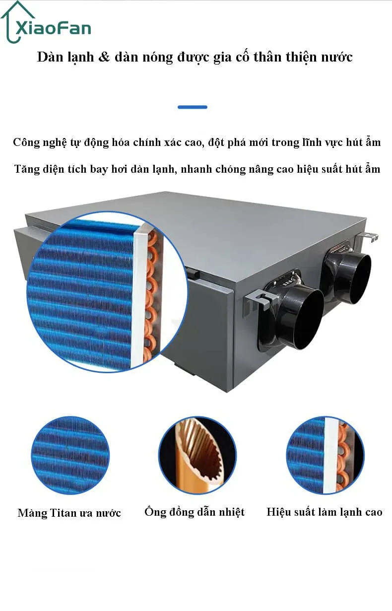 Dàn lạnh và dàn nóng trong máy cấp khí tươi thu hồi nhiệt & hút ẩm CS-XFCS-35T được gia cố chống nước, sử dụng màng Titan ưa nước để tăng hiệu suất hút ẩm