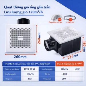 Kích thước quạt thông gió âm trần Nedfon BPT10-13H20 lưu lượng 120m3h