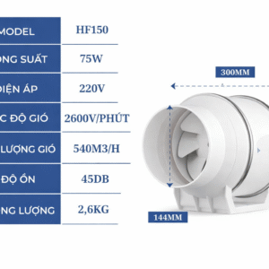 Thông số kỹ thuật quạt thông gió HF150 75W lưu lượng 540m3h