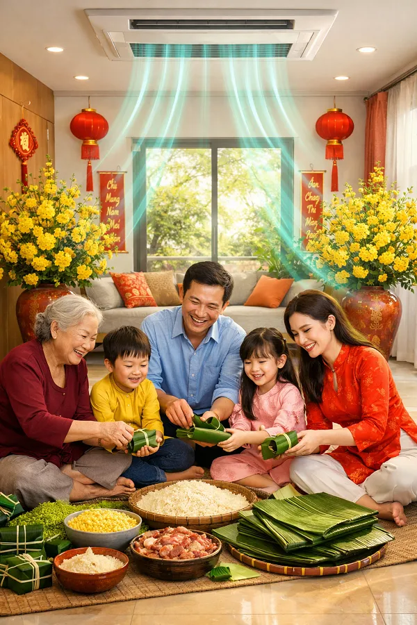 Gia đình Việt quây quần gói bánh chưng ngày Tết trong không gian nhà ở sử dụng hệ thống cấp gió tươi âm trần