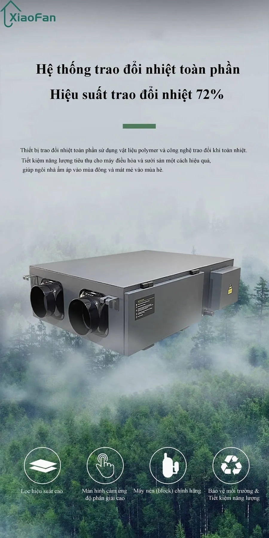Hệ thống trao đổi nhiệt toàn phần hiệu suất 72% của máy cấp khí tươi
