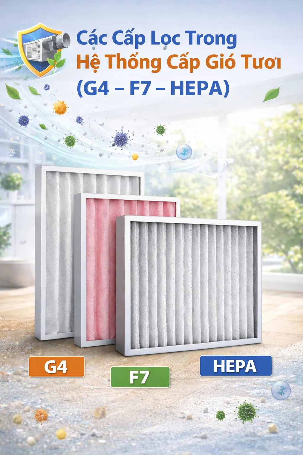 Màng lọc G4, F7, HEPA trong hệ thống cấp gió tươi lọc bụi mịn PM2.5 và vi khuẩn