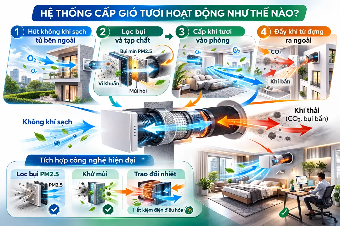 Hệ thống cấp gió tươi XiaoFan hoạt động theo nguyên lý hút khí sạch, lọc bụi PM2.5, cấp khí tươi vào phòng và đẩy khí tù đọng ra ngoài