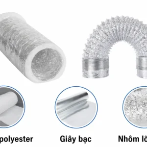 Ống gió mềm nhôm có bảo ôn cấu tạo gồm bông polyester cách nhiệt, giấy bạc và lõi thép đàn hồi dùng cho hệ thống thông gió