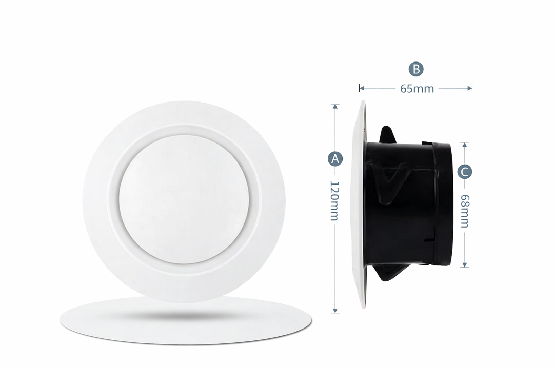 Thông số kích thước cửa gió tròn ABS phi 120mm lắp âm tường