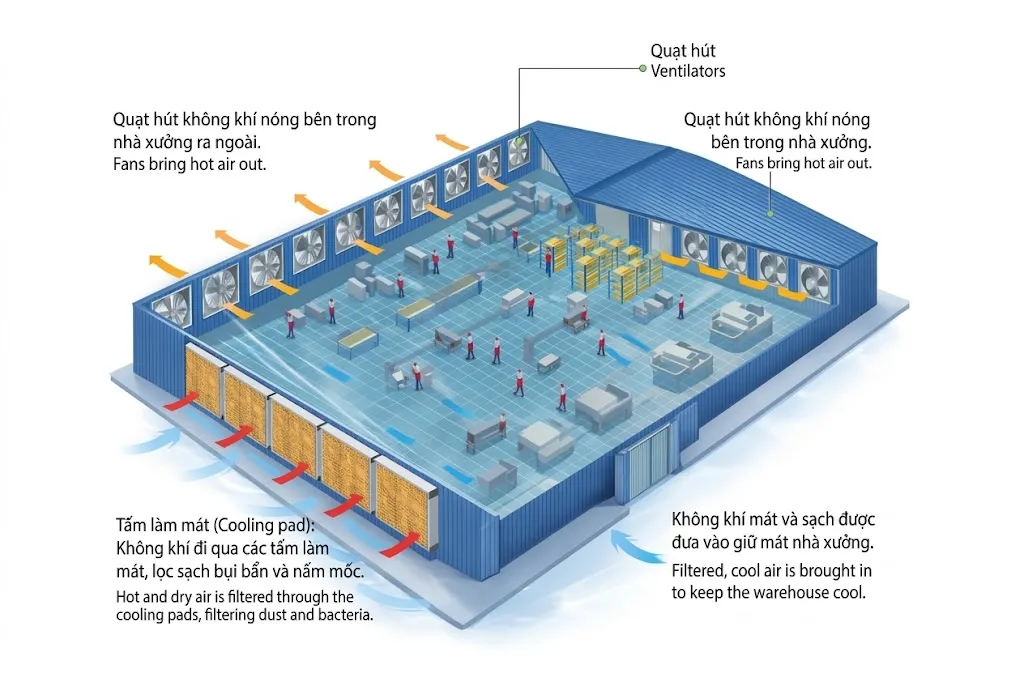 Sơ đồ máy cấp gió tươi nhà xưởng dùng cooling pad và quạt hút